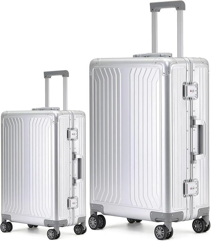 Metal all aluminum carry-on suitcase 20 "hard face, TSA lock and rotating wheel zippered luggage set (silvery, 2Piece(20/28))