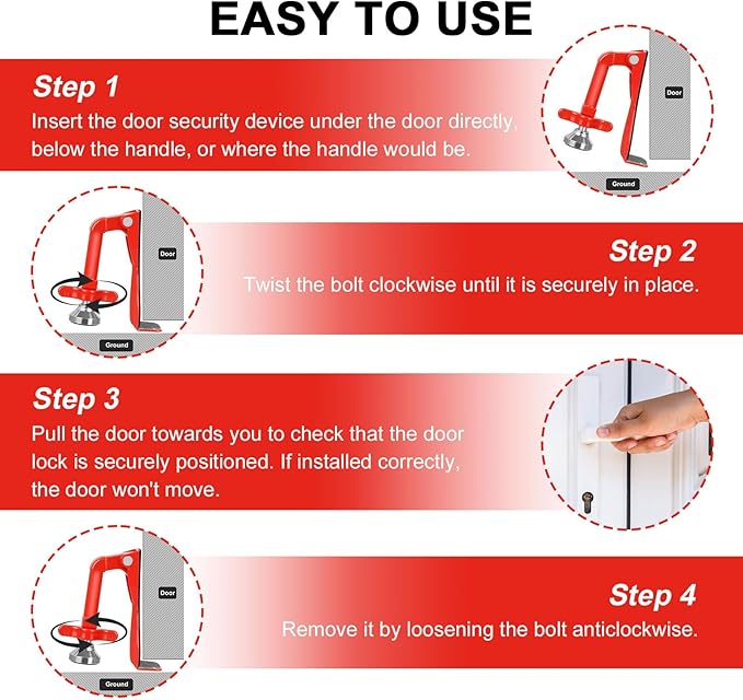 Portable Door Stopper Door Lock for Travel Anti Theft Door Blocker, Security Door Stoppers for Bottom of Door, No Drill Safety Doors Stopper Hotel Door Locks for Travelers Security (Red)