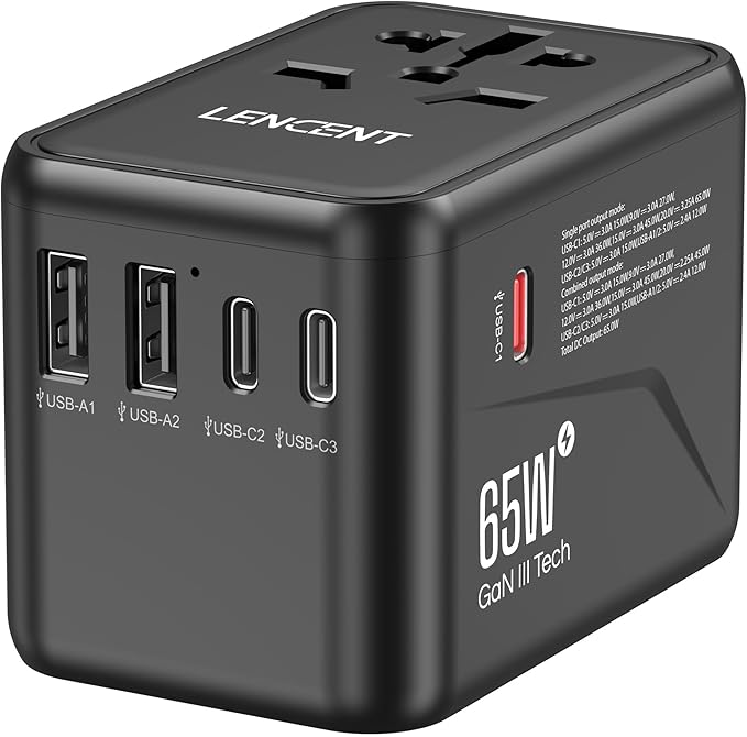 LENCENT Universal Travel Adapter, GaN III 65W International Charger with 2 USB Ports & 3 USB-C PD Fast Charging, All in One Outlet Adaptor for iPhone,Laptops, Type A/C/G/I (USA/UK/EU/AUS)