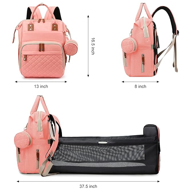 Diaper Bag, Backpack with Changing Station, Waterproof Baby Bag for Boys & Girls, USB Charging Port for Parents, Travel Backpack Baby Essentials & Lovely Baby Shower Gifts, Pink