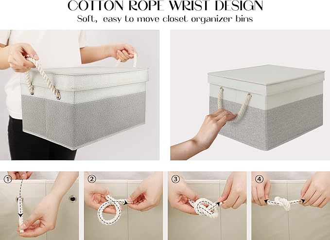 LoforHoney Home Fabric Storage Bins with Lids for Organizing, Foldable Closet Storage Boxes for Shelves, Clothes Baskets with Cotton Rope Handles, Large, Beige & Gray, 2-Pack