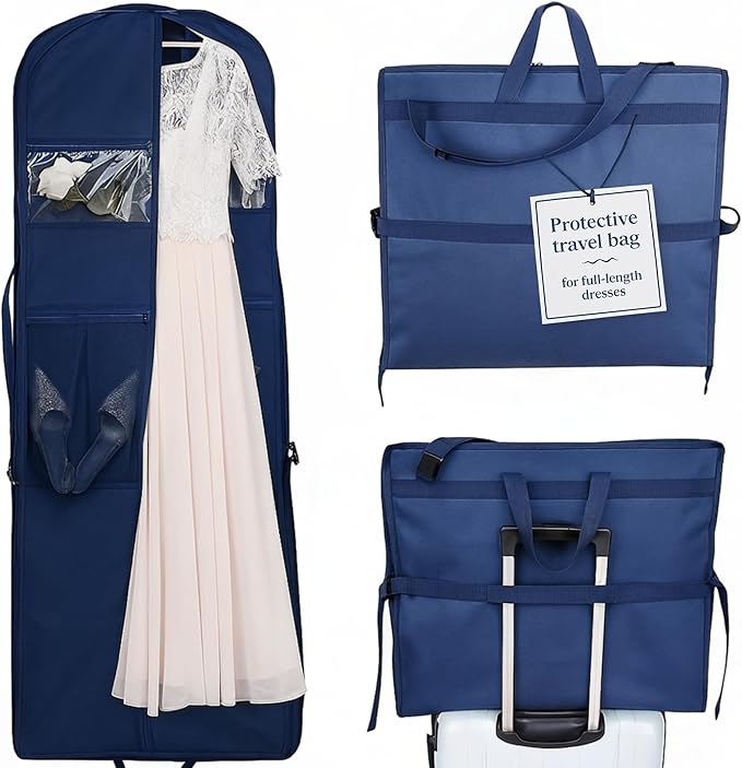 Sturdy Oxford polyester fabric - 72" Wedding Dress Garment Bag - Shoulder Strap - Accessory Pockets - Attaches to Suitcase – Waterproof – Trifold – Designed for Full Skirts – Carry Handle