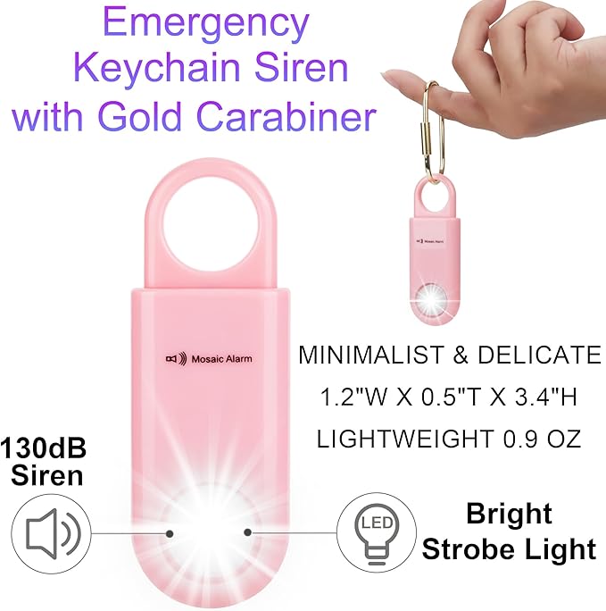 130dB Keychain Siren Strobe Light. Loud Sound Personal Safety Alarm with Carabiner. SOS Emergency Alerts for Women, Girls, School Children, Night Runners, Hiking. Bear Alarm Deterrent.Pink