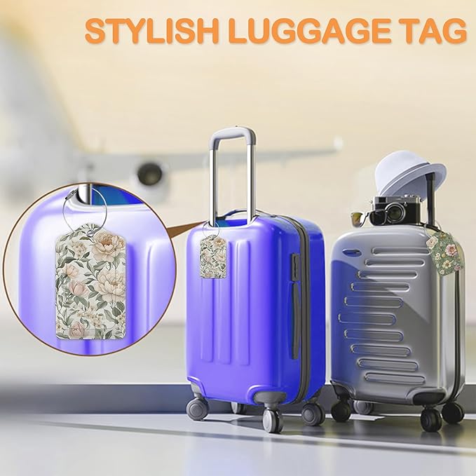 Vintage Peony Floral PU Leather Luggage Tags for Suitcase, Travel Cruise 3 Pack with Privacy Flap, Name ID Label and Metal Loop for Women Men Girls Baggage Bag Backpack