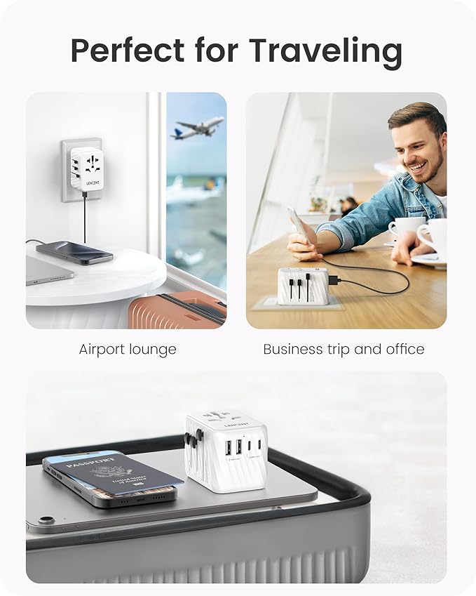 LENCENT Universal Travel Power Adapter, International AC Plug Adaptor with 5.6A 3 USB C 2 USB A Ports Wall Charger Worldwide Travel Essentials for US to EU UK Ireland Australia (Type C/G/A/I) White