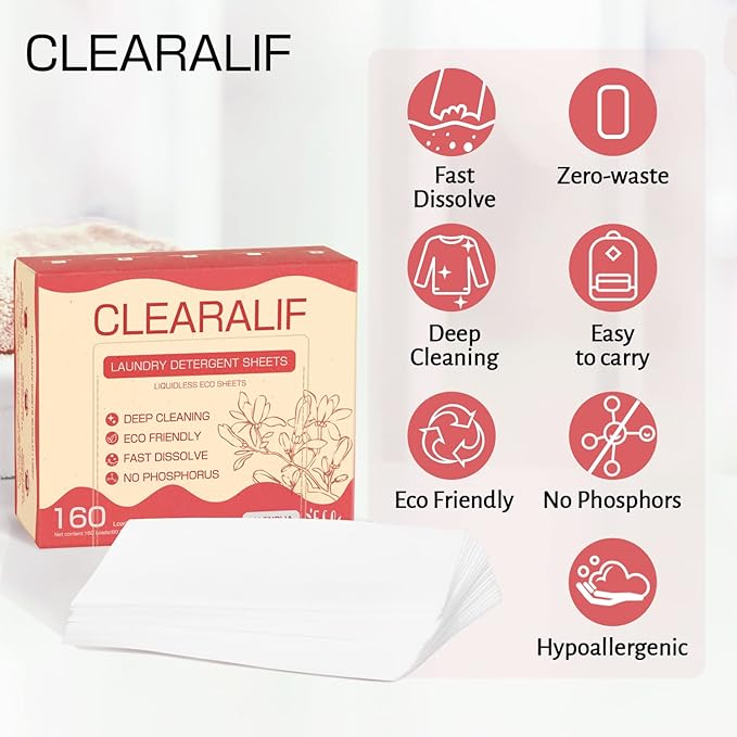 Laundry Detergent Sheets Up to 160 Loads, Magnolia - Great For Travel,Apartments, Dorms,CLEARALIF Laundry Detergent Strips Eco Friendly & Hypoallergenic - 80 Sheets