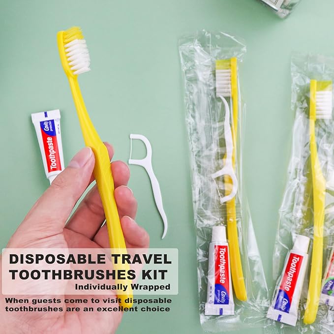 100pcs Disposable Toothbrushes with Toothpaste and Floss,Yellow Bulk Single Use Toothbrush Floss Pick Individually Wrapped Disposable Travel Toothbrushes Kit for Homeless,Airbnb,Hotel,Guest