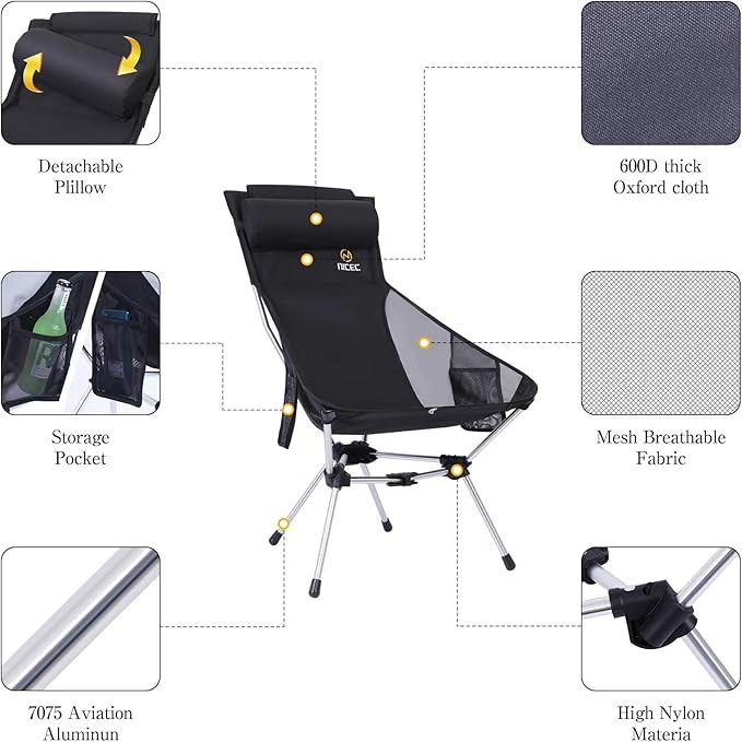 Nice C Ultralight High Back Folding Camping Chair, Backpacking Chair, Compact & Heavy Duty Outdoor, Travel, Picnic, Festival with 2 Side Pockets, Pillow &Carry Bag (One Black)