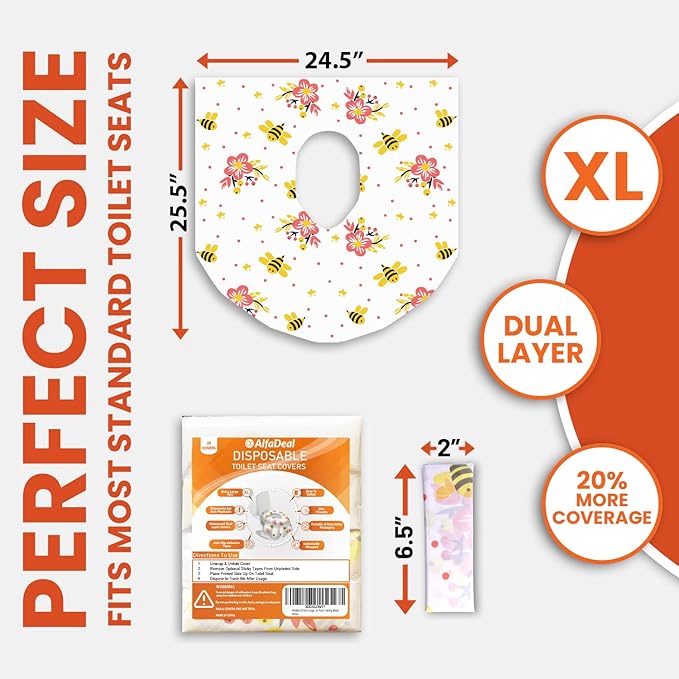 20 Extra Large Toilet Seat Covers Disposable for Kids & Adults-Toilet Covers Disposable for travel-Toddler Toilet Seat Cover Liners for Potty Training-Individually Wrapped-Waterproof (Bees)