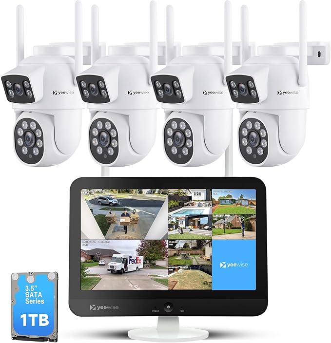 YEEWISE 2K Wi-Fi 6 Wireless Security Camera System with 12" Monitor, Dual Lens WiFi Security Cameras with 360° Pan Tilt & Auto Tracking, 16CH NVR with 1TB HDD, 5G&2.4G WiFi, 24/7 Record,Plug-in Power