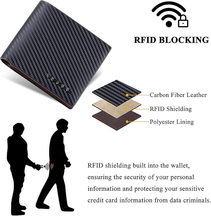 VISOUL Leather Mens Bifold RFID Blocking Wallet with 2 ID Windows, Leather Wallet for Men (Carbon Fiber, Black+Brown)