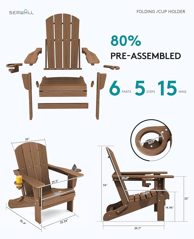 SERWALL Adirondack Chair with Cup Holders - Composite Adirondack Chairs HDPE Outdoor Chairs All Weather Use- Brown