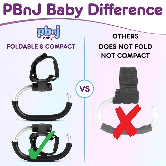 Stroller Hooks for Hanging Diaper Bags - Mommy Stroller Clip and Stroller Accessories Organizer Hook - Large Carabiner Clips for Mom Purse Shopping Grocery Bag and Accessory - (2 Pack) (Foldable)