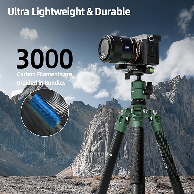 Fotopro Carbon Fiber Tripod 60 Inch 360 Degree Ball Head Quick Release Plate Lightweight Camera Tripod for Travel Tripod Folded Height Only 14.2",Max Loads up to 22lbs,Green