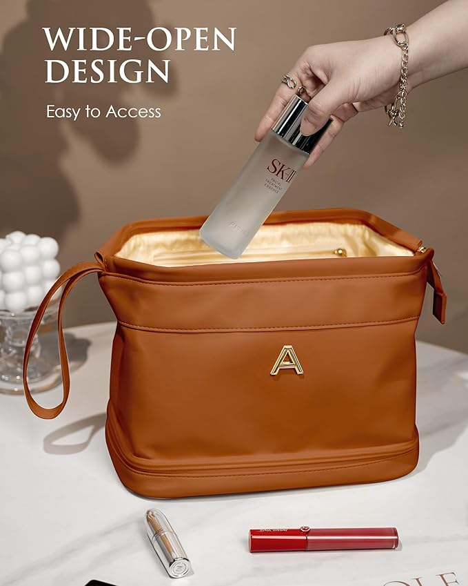 Women Presents, Personalized Makeup Bag, Monogrammed Gifts, Initial Double Layer Cosmetic Bag with Makeup Brush Organizer, Travel Toiletry Bag, Gifts for Friends Female Mom, Teen Girl Gifts