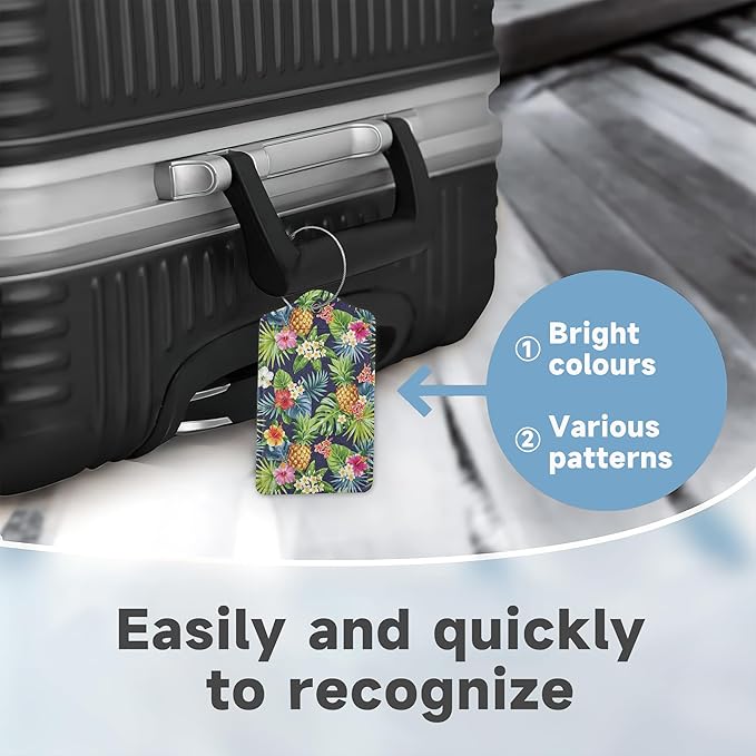 Tropical Pineapples Luggage Tags for Suitcases,2 Pack Palm Leaves Flowers Luggage Tag,Leather Stainless Steel Loop Label Tag for Women Men Girls Travel Bag Suitcase