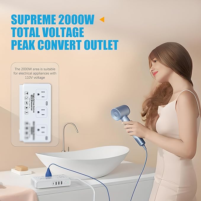 220v to 110v Voltage Converter Adapter: International US to Europe Travel Power Strip Plug Transformer - 2000W Electric Hair Dryer Step Down Outlet Converters for US European UK EU Italy
