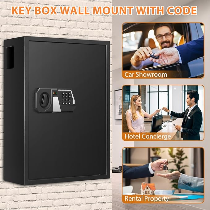 71 Keys Fireproof Key Lock Box, Anti-Theft Key Box Wall Mount with Adjustable Hook Plates, Key Tags and Side Opening, Key Safe Key Cabinet Key Organizer for Home Office Garage Rental Business
