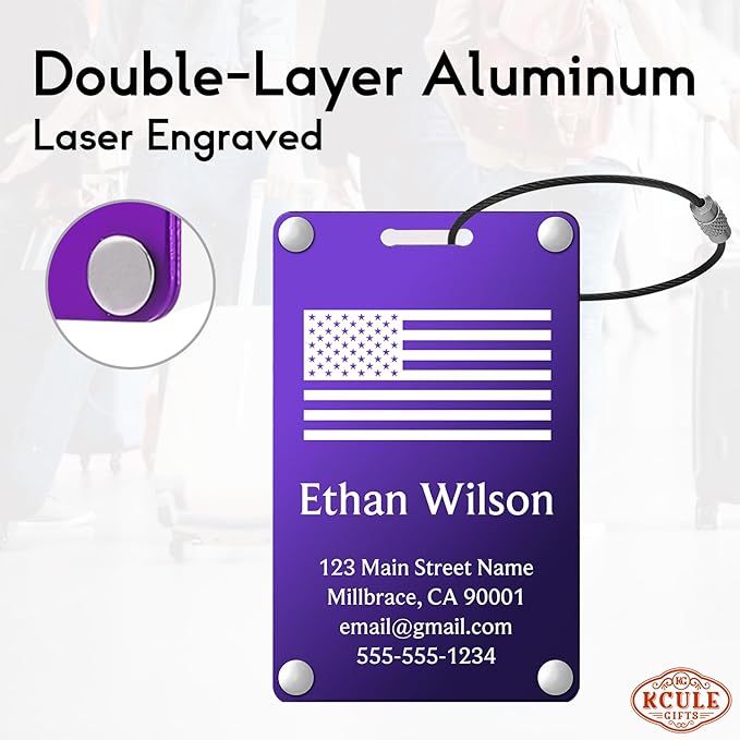 Personalized Luggage Tags: Custom Metal Luggage Tags for Suitcases, Backpacks and Bags with Your Personalized Text (Purple)