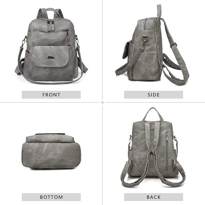 PU Leather Backpack Purse for Women Fashion Multipurpose Design Handbag Ladies Shoulder Bags Travel Backpack Grey