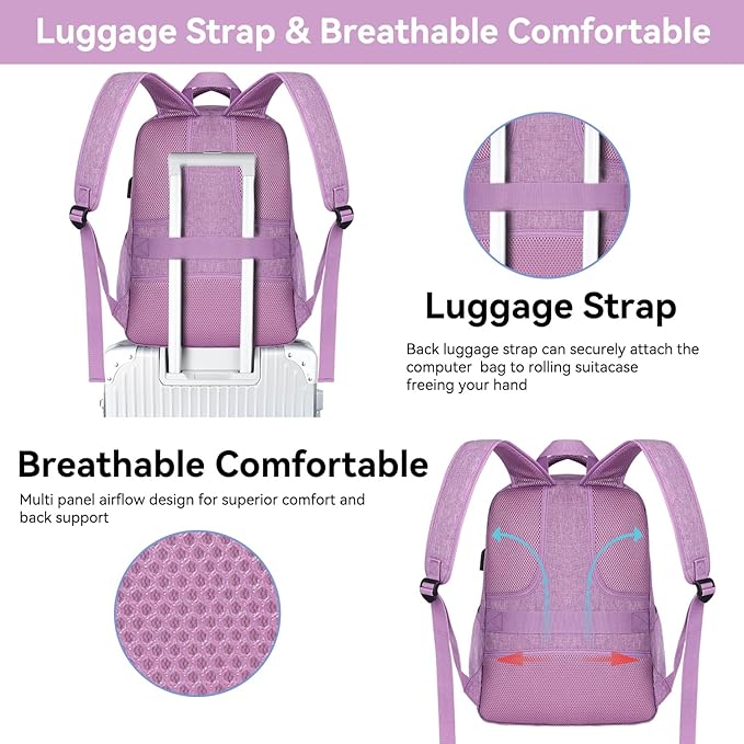 Voova Travel Laptop Backpack, Business Work Laptop Backpack for Women & Men with USB Charging Port, Waterproof Slim Durable College Computer Bag Fits 15.6 Inch Laptops and Notebook, Purple