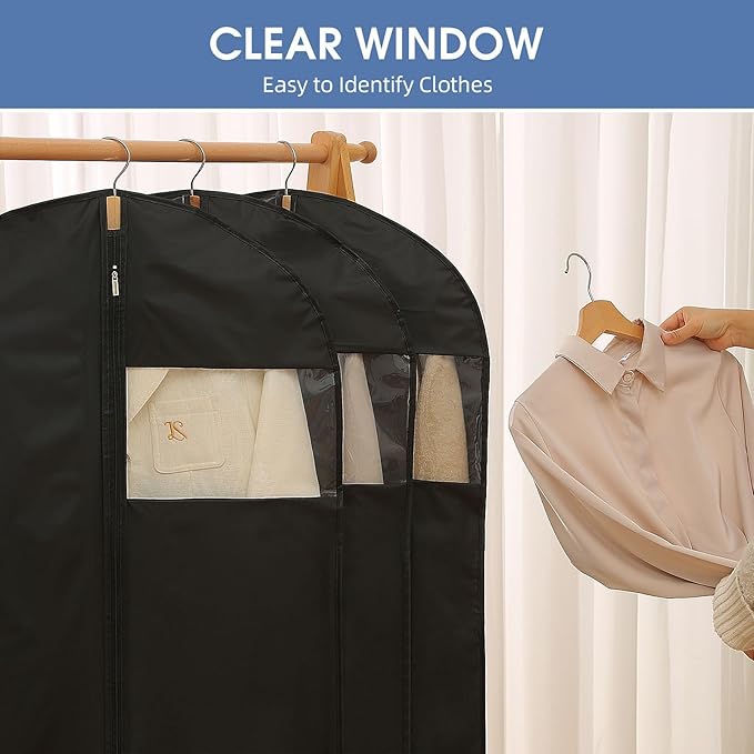 Garment Bags for Hanging Clothes, 50'' Long Dress Bags for Closet Storage, Black Garment Covers with Clear Window for Suits, Coats, Jackets（5 Packs）