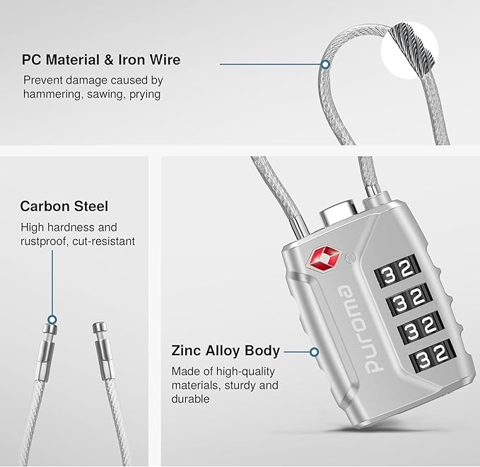 Puroma 2 Pack TSA Approved Luggage Lock, 4 Digit Combination Travel Locks Resettable Code Lock with Zinc Alloy Body for Suitcase, Toolbox, Backpack, Bag, Gym Locker (Silver)