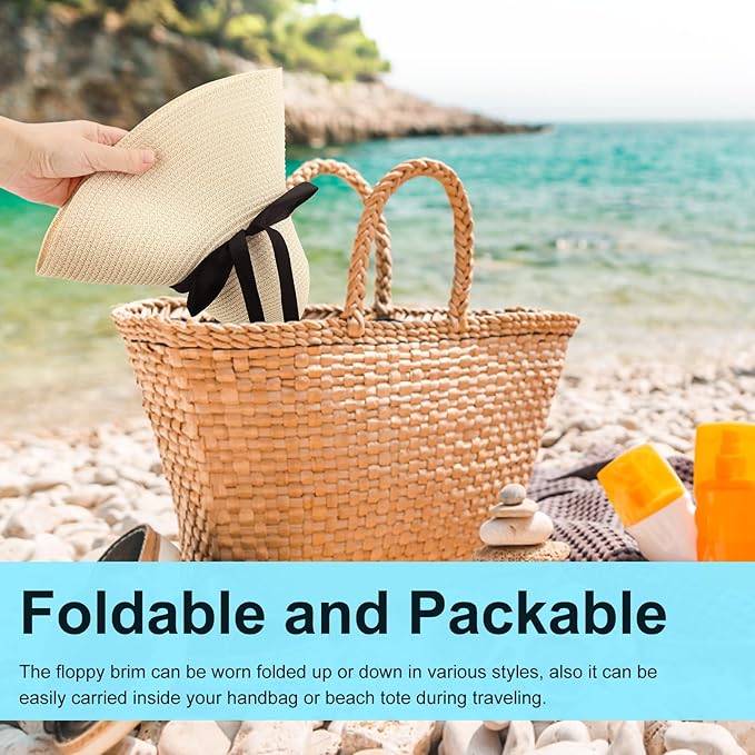 DRESHOW Beach Hats for Women Big Straw Wide Brim Summer Hat Floppy Foldable Roll up Cap Sun Hat UPF 50+