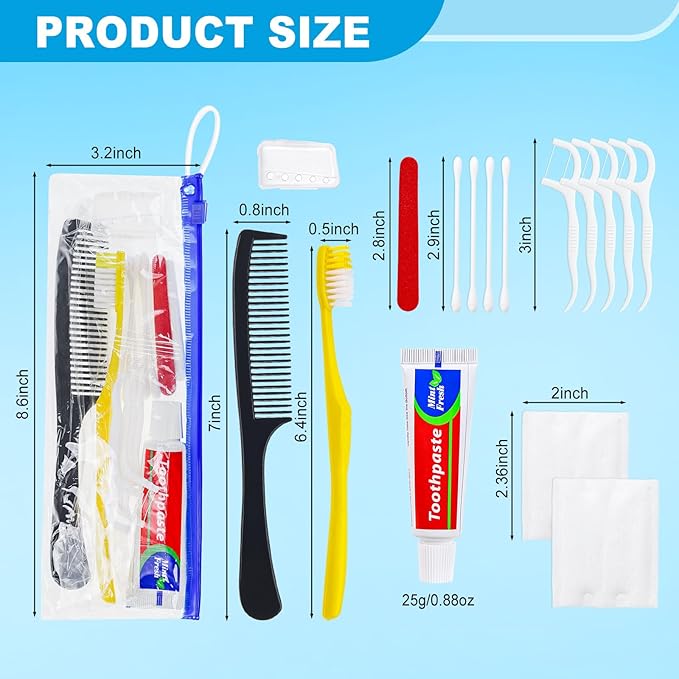 Personal Hygiene Kit Bulk Pack of 100,Yellow Disposable Toothbrushes with Toothpaste Floss Comb Cover and Hotel Vanity Set Basic Travel Toiletry Kit Supplies for Homeless,Charity,Guests