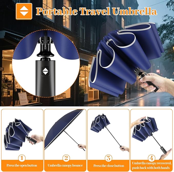 Travel Umbrella Superior, Beautiful & Compact, Large Strong but Light Portable and Automatic Folding Rain Umbrella, Premium Grip, Fits Car & Backpack