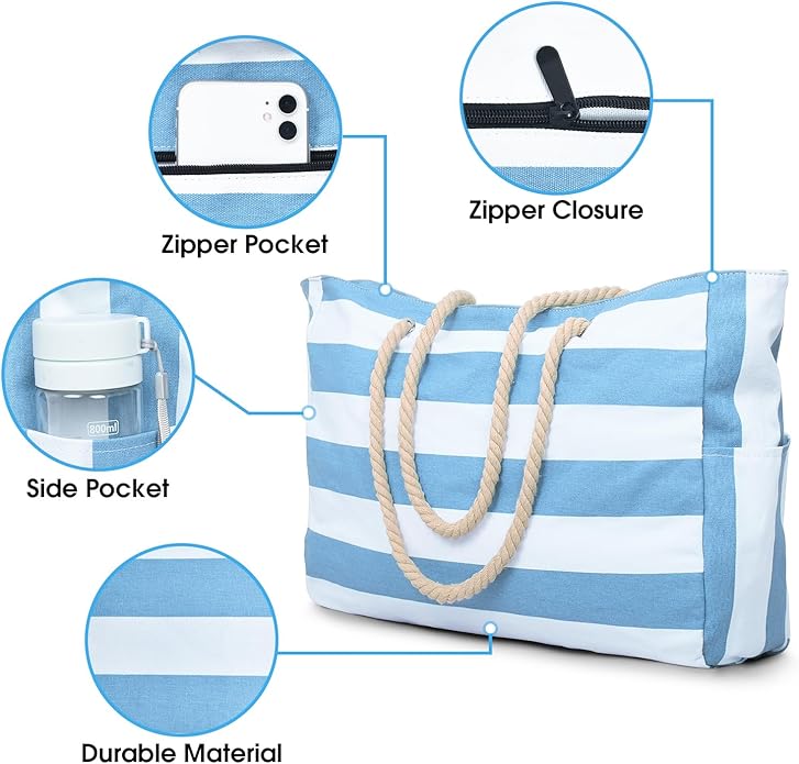 Becokan Beach Bag Large Beach Tote Bag for Women Waterproof Sandproof Swim Pool Bag With Zipper
