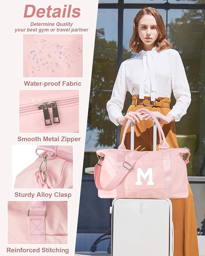 Initial Travel Duffel Bag Sports Gym Bag for Girls Teen Birthday Gifts,Pink Personalized Weekender Bag Carry On Tote Bags for Women Men,Waterproof Overnight Luggage Bag with Trolley Sleeve(Letter M)