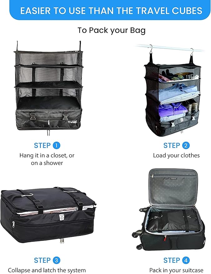 Grand Fusion Stow-N-Go Travel Luggage Organizer – Portable Hanging Travel Shelves, Carry-On Closet Organizer, Hanging Packing Cubes, Collapsible Carry-On Organizer for Cruises & Hotels. Black - XL