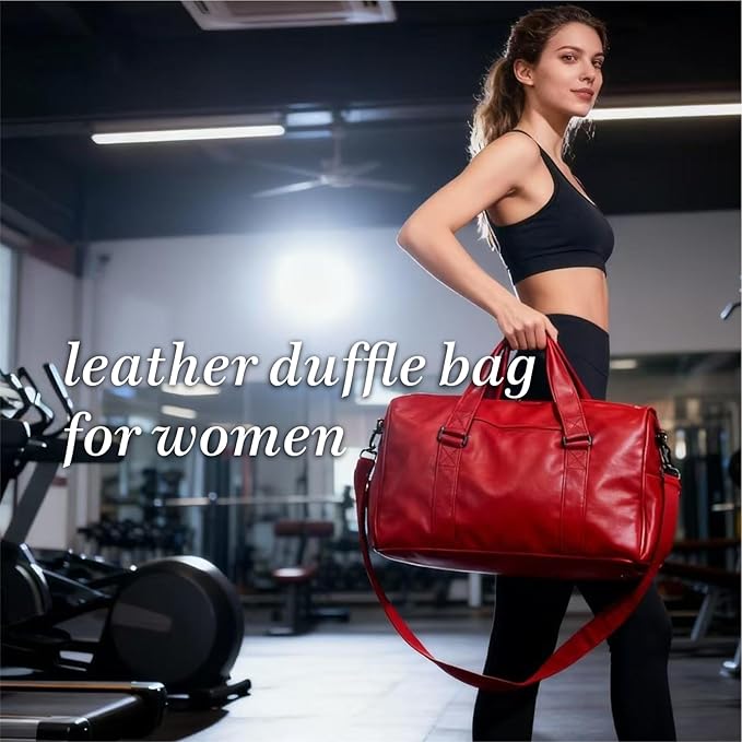 Leather Sports Gym Tote Bag with Shoes Compartment & Wet Pocket, Travel Duffel for Men & Women, Shoulder Weekender Overnight Bag for Yoga, Pilates, Swimming