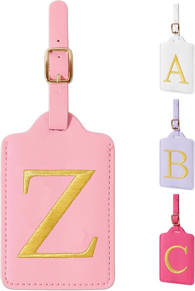 Personalized Initial Luggage Tags for Suitcase, Pink Leather Cute Luggage Tags with Privacy Cover Name Card, Embroidered Custom Monogrammed Luggage Tag Travel Bag Baggage Tags Gifts for Women Kids(Z)