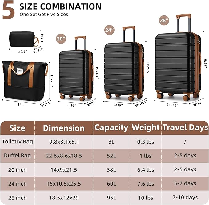 LARVENDER Luggage Sets 5 Piece Hardside Expandable Suitcase with Wheels Lock,Hardside Lightweight Rolling Suitcase for Women and Men,Black