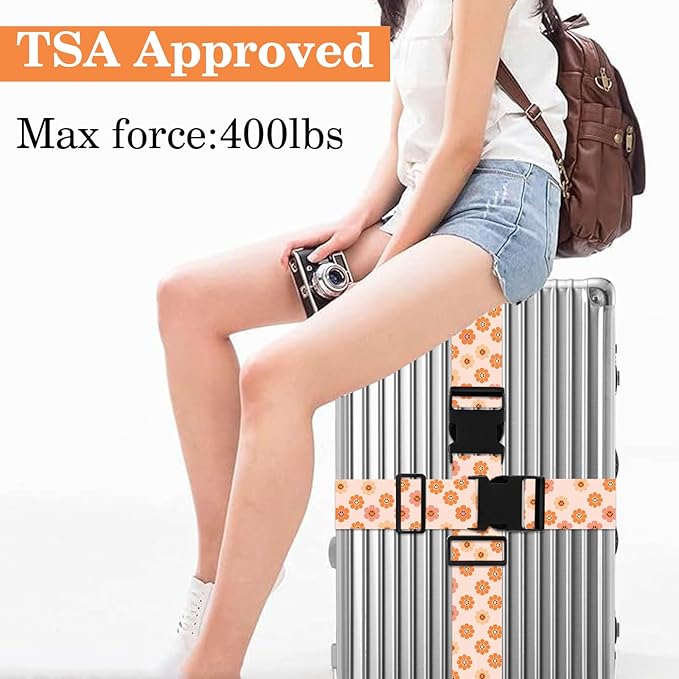 Luggage Straps for Suitcases TSA Approved, Luggage Identifiers for Suitcase, Adjustable Suitcase Strap for Baggage Security with Cute Patten, Travel Necessary Accessories 2Pack (Orange Flower)