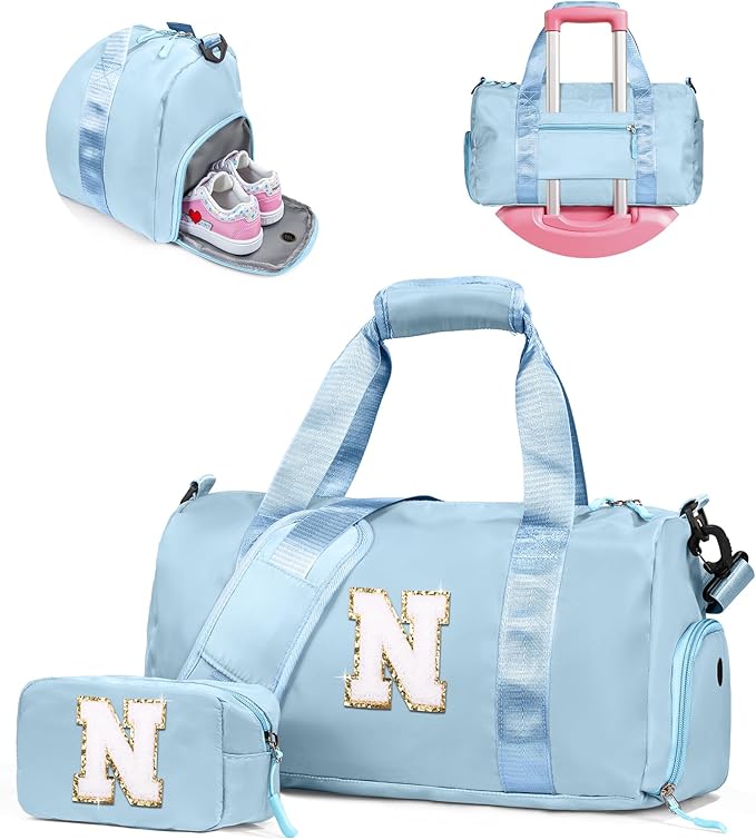 Gift Ideas for Kids Girls-Girl Gym Bag with Shoe Compartment, Kid Personalized Weekender Overnight Bags, Initial Travel Tote with Makeup Pouch, Graduation Gifts Granddaughter (Letter N)