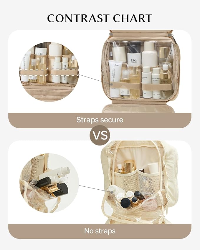 EACHY Hanging Toiletry Bag, Satin 4 Compartments Travel Toiletry Bags for Women, Large Capacity Make Up Organizer Bag with Handle & Compartments (Camel, L)