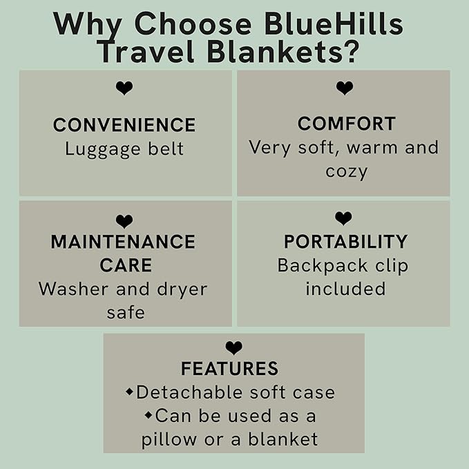 BlueHills Premium Soft Travel Blanket Pillow Airplane Blanket in Soft Bag case with Hand Luggage Belt and Carabiner Compact Pack Large Cozy Plane Car Train Teal Blue T022