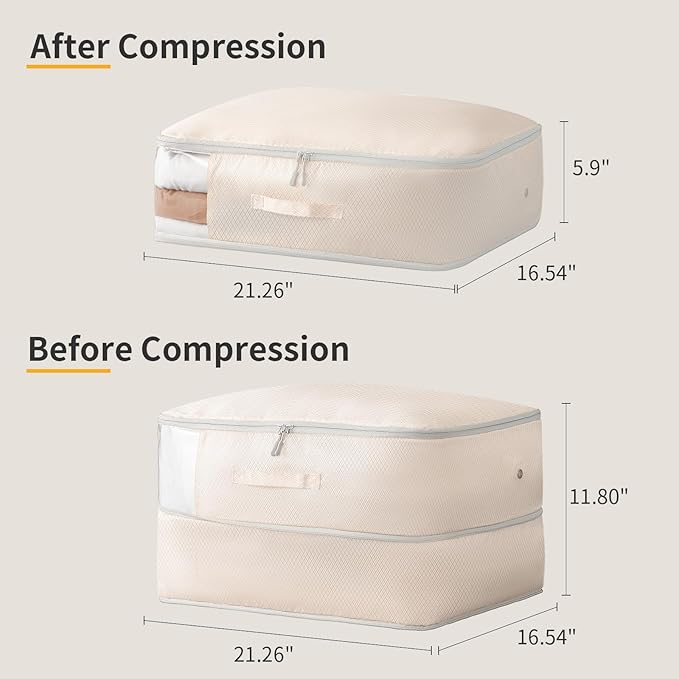 DIMJ 66L Comforter Storage Bag - 2 Pack Space Saving Self Compression Bags for Blankets, Duvets, Pillows, Bedding, and Down Jackets with Clear Window and Handle