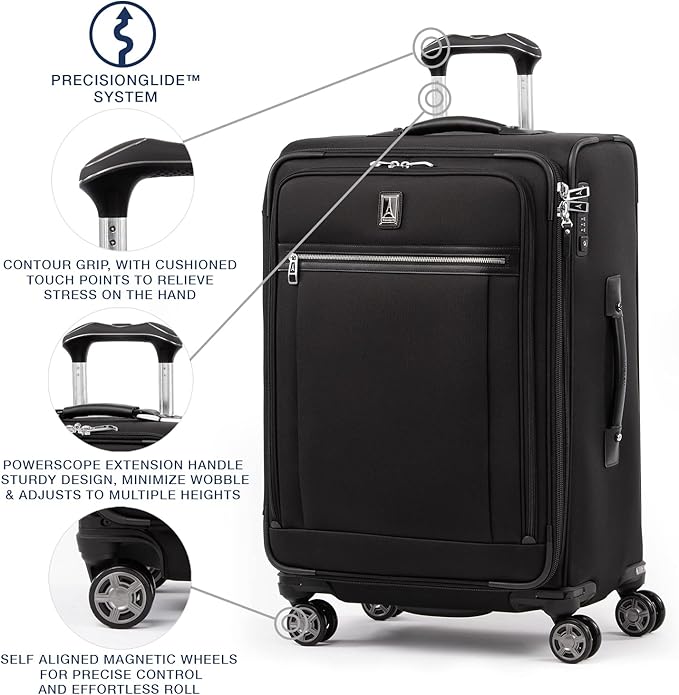 Travelpro Platinum Elite Softside Expandable Checked Luggage, 8 Wheel Spinner Suitcase, TSA Lock, Men and Women, Shadow Black, Checked Medium 25-Inch
