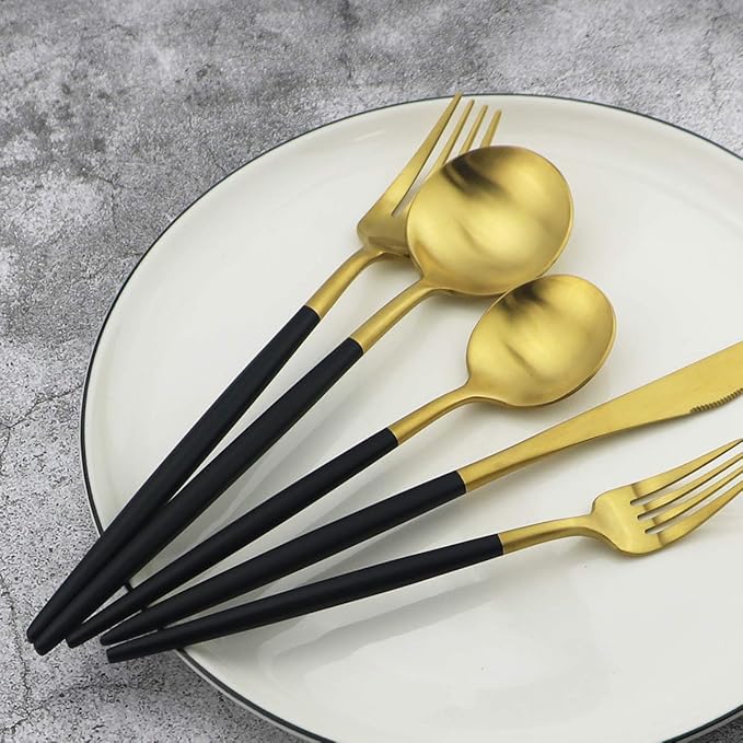 Gugrida 20-Piece 18/10 Stainless Steel Flatware Silverware, Luxury Dinnerware Set Travel Cutlery Tableware Include Knife Fork Spoon Service for 4, Dishwasher Safe (Black Handle Matte Gold)
