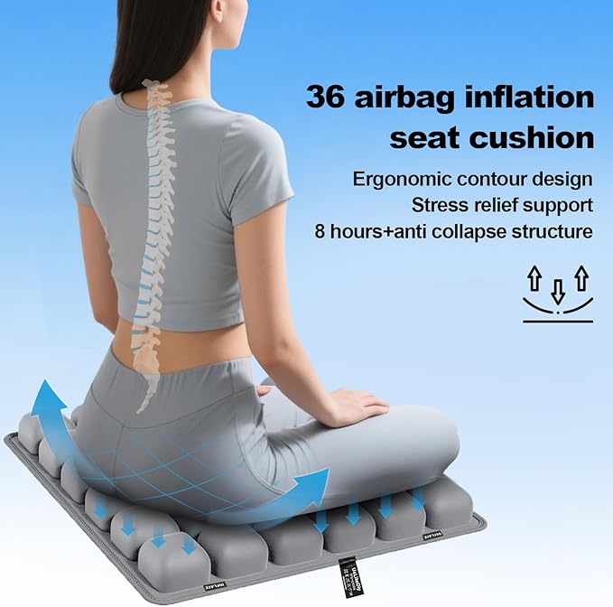 Grey Travel Seat Cushion – Portable Inflatable 3D Air Cell Seat Cushion for Long Flights, Car, Office, Wheelchair, Ergonomic Design for Tailbone Relief & Compact Support