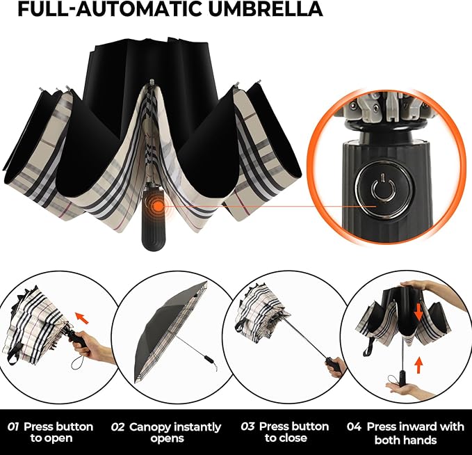 Compact Inverted Travel Umbrella, Automatic Open Close, 9-Rib 46 Inch Windproof Umbrella, Waterproof UPF 50+, Portable Umbrellas for Men, Women, Travel, and Daily Use