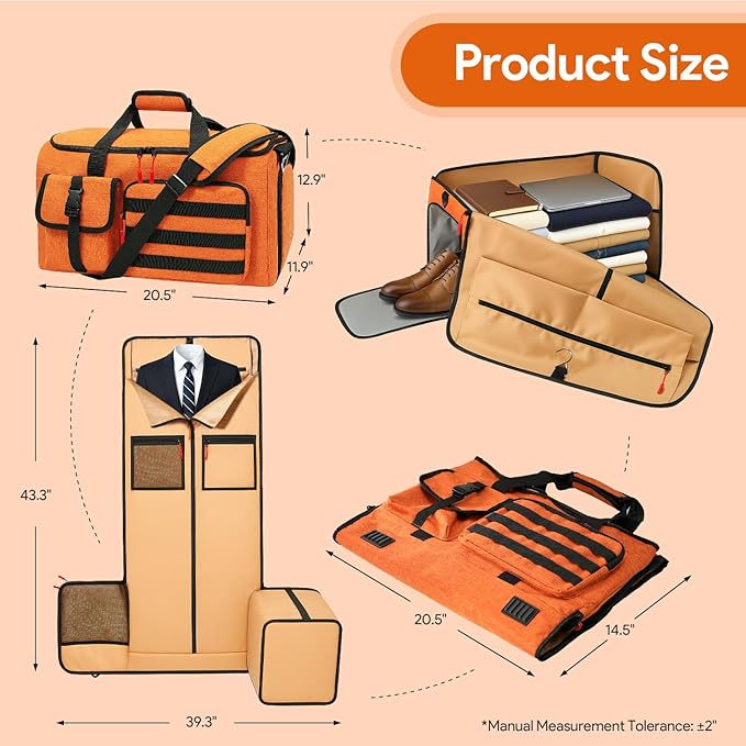 Garment Duffle Bags for Travel, HOMQUIET Convertible Garment Duffel Bag, All YKK Zippers Carry On Garment Bags, 2 in 1 Hanging Waterproof Suit Travel Bag with Shoe Compartment, for Men Women, Brown