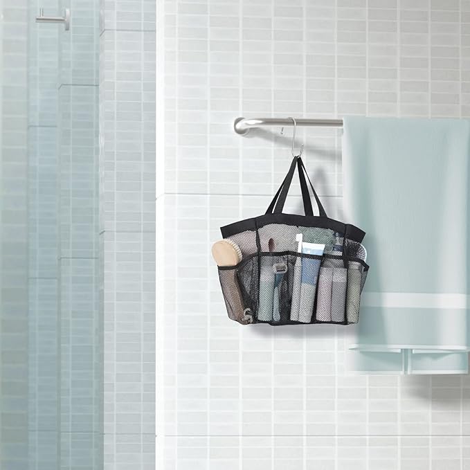 F-color Mesh Shower Caddy Portable with Dividers - Upgrade Deeper 7 Pockets Dorm Room Essentials with S Hook, Shower Bag Basket Tote for Guys Girls College Camping Toiletry Bathroom, Black