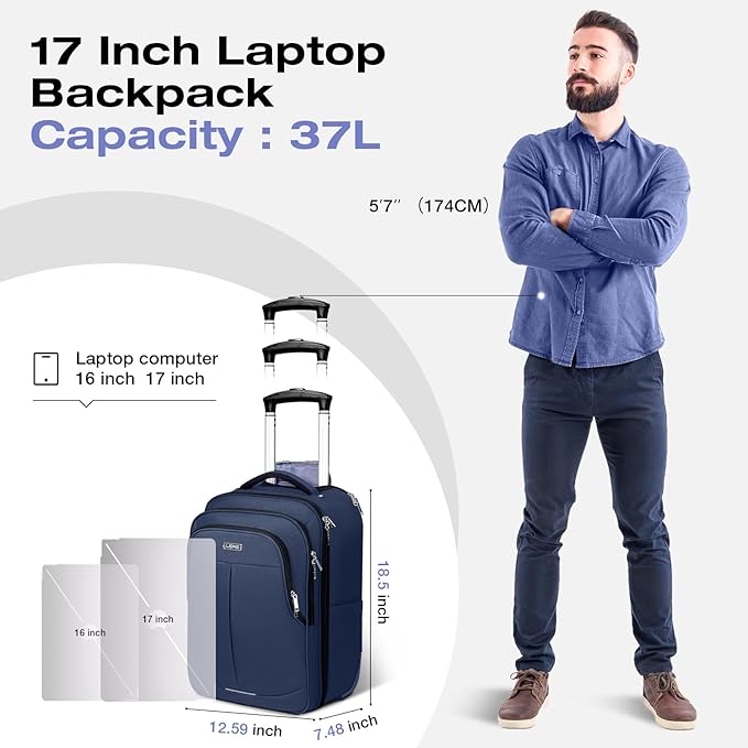 Rolling Backpack for Adults,17 Inch Waterproof Carry-on Backpack with Wheels, Wheeled Backpack Carry-on Luggage, Travel Backpack for Men Women， Trolley Laptop Backpack， Navy Blue Medium