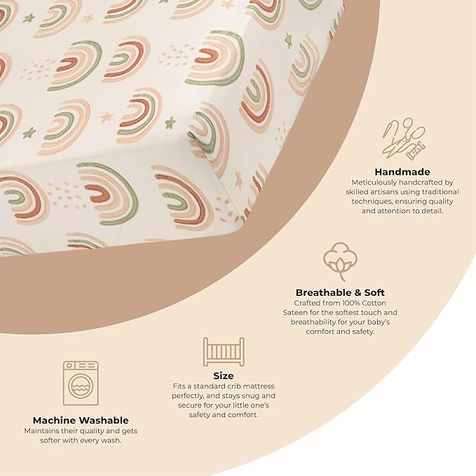 Crane Baby 100% Cotton Breathable Fitted Baby and Toddler Sheet for Standard Mattress (28 X 52), Machine Washable Crib Boho Rainbow Boho Rainbow