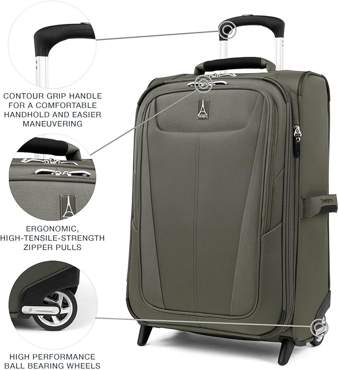 Travelpro Maxlite 5 Softside Expandable Upright 2 Wheel Carry on Luggage, Lightweight Suitcase, Men and Women, Slate Green, Carry On 20-Inch